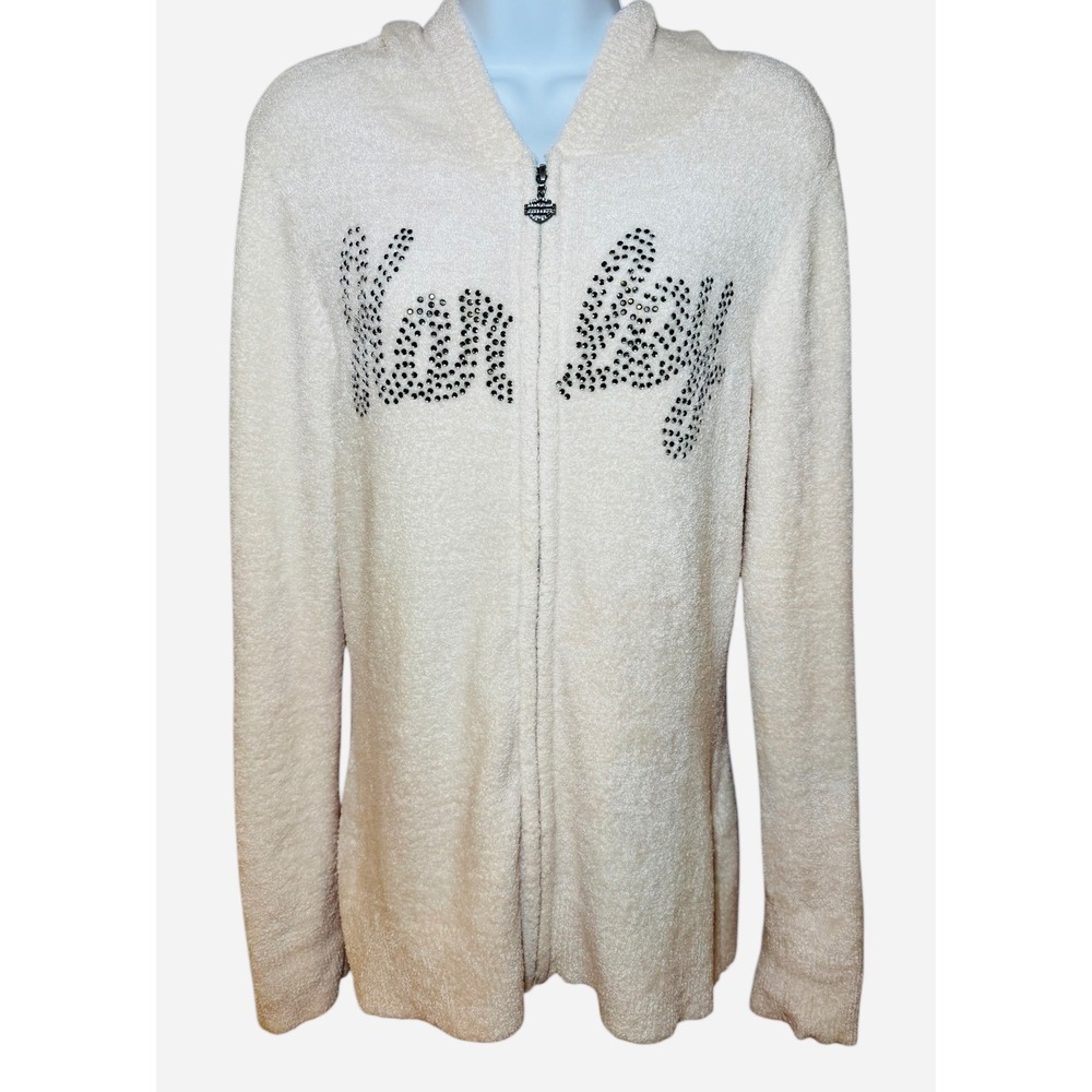 Harley Davidson Womens Large Full Zip Cream Hoodie Rhinestone Logo Soft Cozy